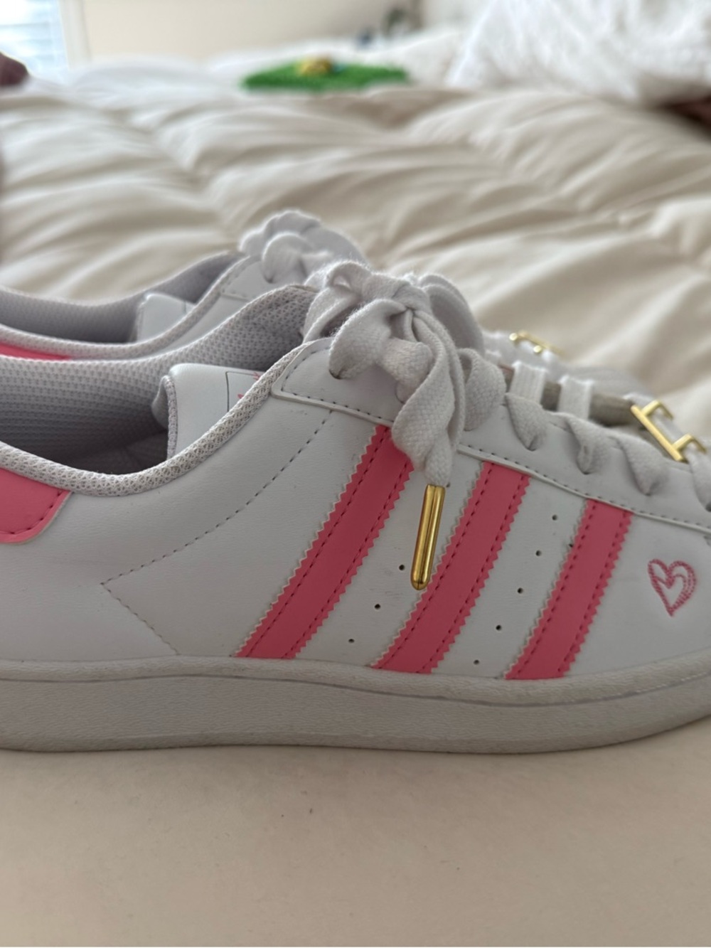 adidas White Sneakers with Pink Stripes and a cute little pink heart